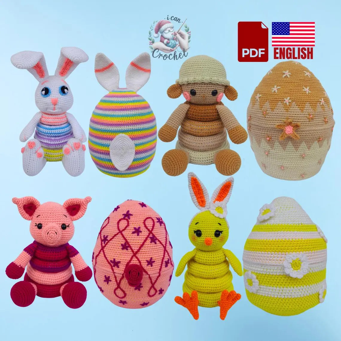 Easter Crochet Stacking Toy Patterns: Bunny, Chick, Sheep, Pig (PDF Pattern)