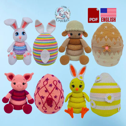 Easter Crochet Stacking Toy Patterns: Bunny, Chick, Sheep, Pig (PDF Pattern)